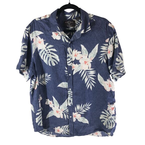 Black Brown Mens Hawaiian Aloha Shirt Linen Floral Blue L - Picture 1 of 4
